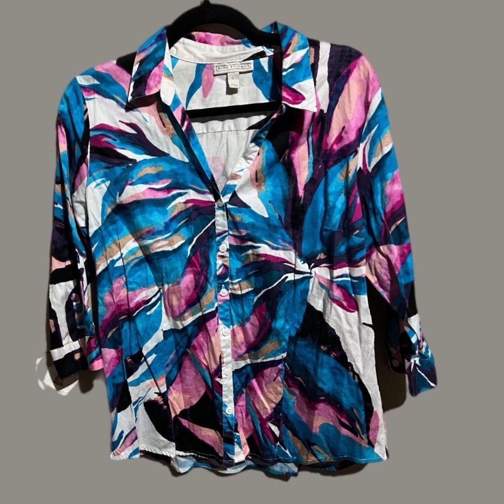 Dana Buchman L Button Down Shirt roll-tab Long Sleeve Hi-low Colorful